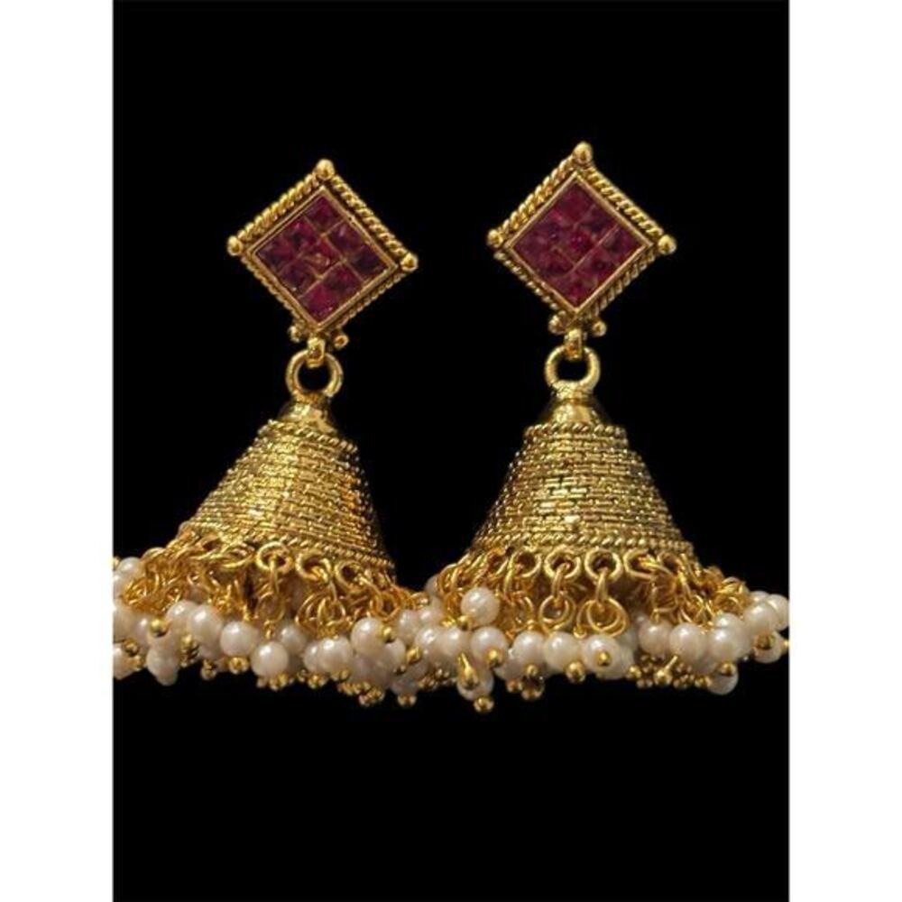 Traditional Jhumka Jhumki Gold Plated Dangle Earrings With Red Stones Bollywood